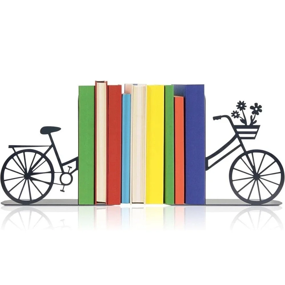 Bicycle Metal Bookends, Black Floral Bike Decorative‎ Book Ends for Shelves